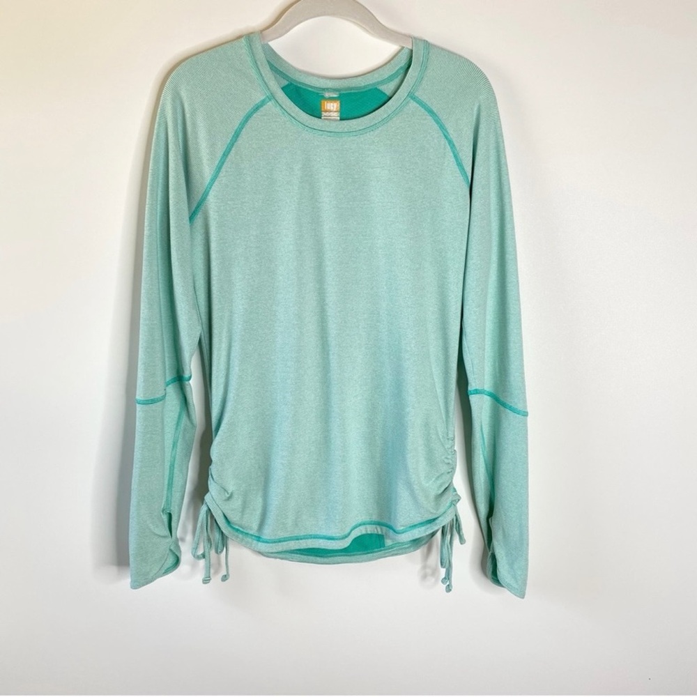 Lucy Womens Athletic Top Sz M Teal Blue Stripes Vented Back Long Sleeve Sporty
